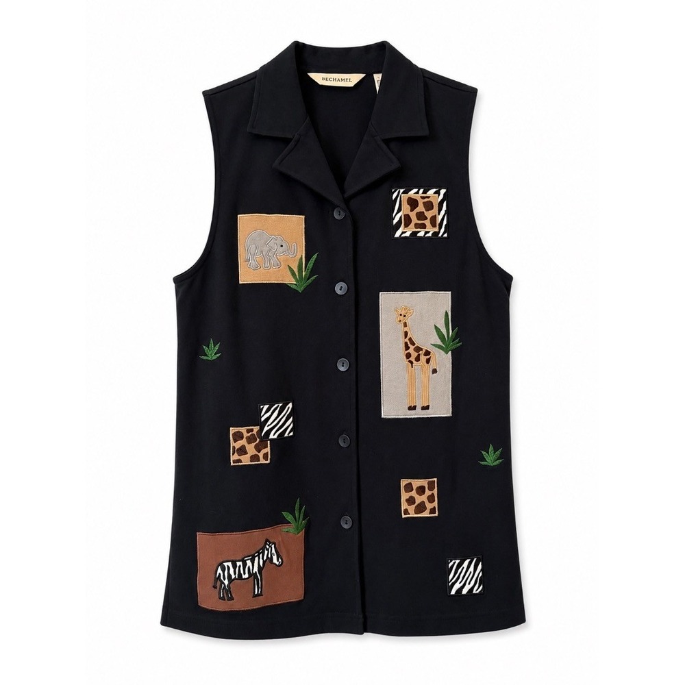 Bechamel Womens Black Safari Animal Applique Sleeveless Button Vest Top size S